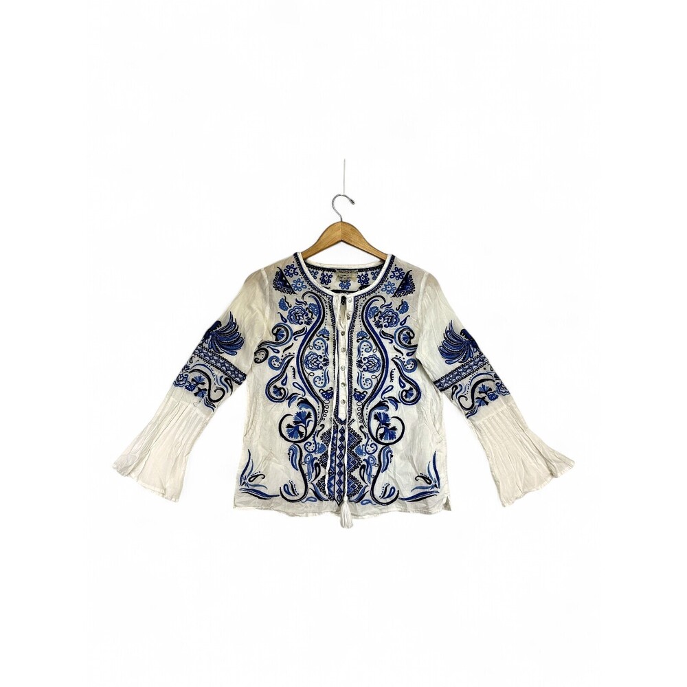 Isato Embroidered Boho Peasant Blouse‎ Tassel Tie Sz S